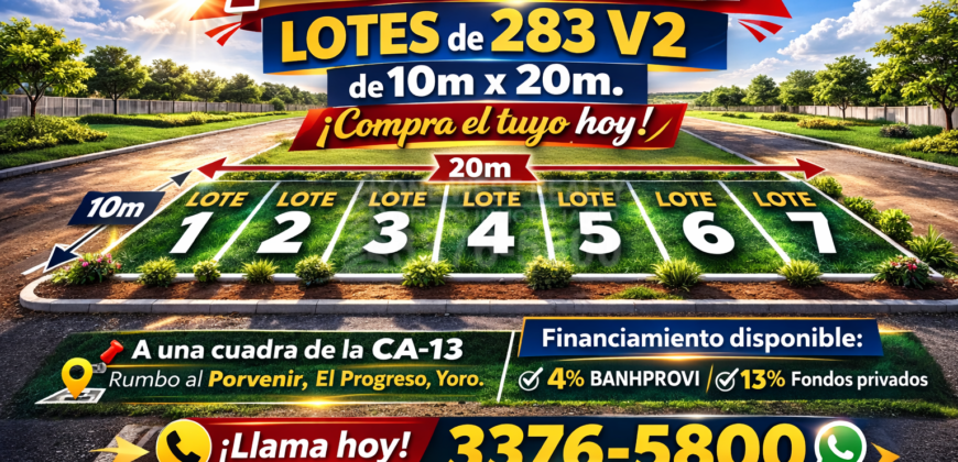 ¡En Venta! Lotes de 286.82 V2 (10m x 20m) con cuotas desde L 7,200 al mes en El Progreso, Yoro