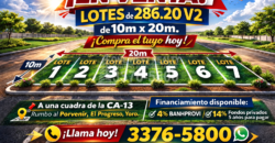 ¡En Venta! Lotes de 286.82 V2 (10m x 20m) con cuotas desde L 6,900 al mes en El Progreso, Yoro ¡En Venta! Lotes de 286.82 V2 (10m x 20m) con cuotas desde L 6,900 al mes en El Progreso, Yoro