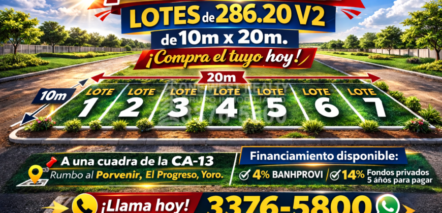 ¡En Venta! Lotes de 286.82 V2 (10m x 20m) con cuotas desde L 6,900 al mes en El Progreso, Yoro