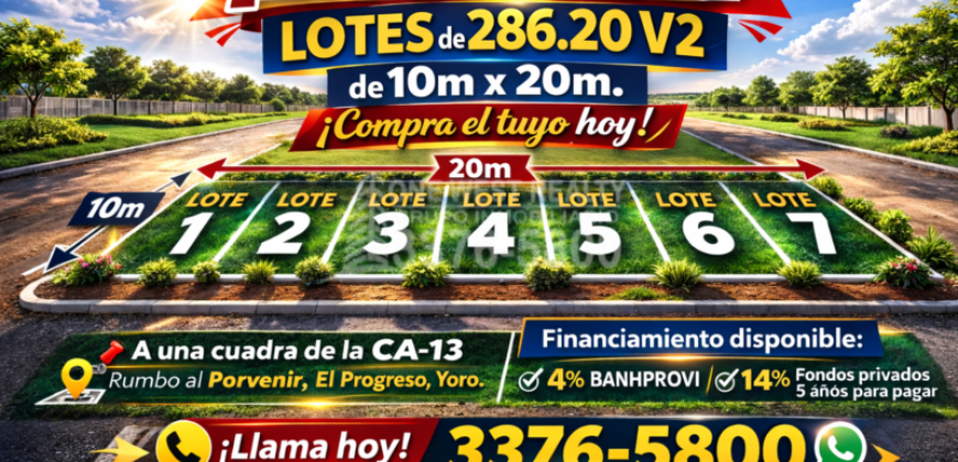 ¡En Venta! Lotes de 286.82 V2 (10m x 20m) con cuotas desde L 6,900 al mes en El Progreso, Yoro
