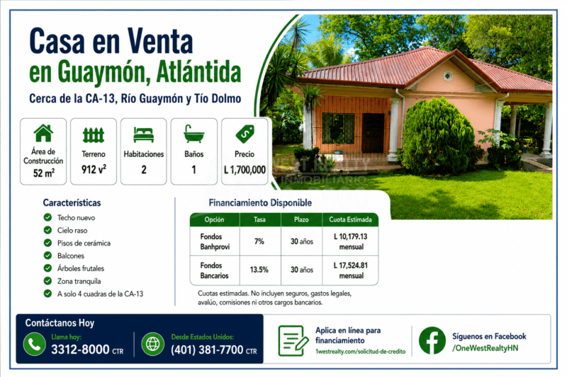 Casa en venta en Guaymón Atlántida