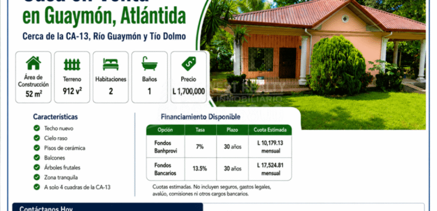 Casa en Venta en Guaymón, Atlántida – Cerca de Toyos y CA-13