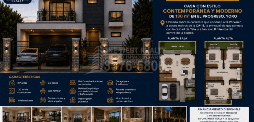 Ahora en Preventa Casa Estilo Contemporáneo de 3 Habitaciones y 2.5 Baños en El Progreso, Yoro